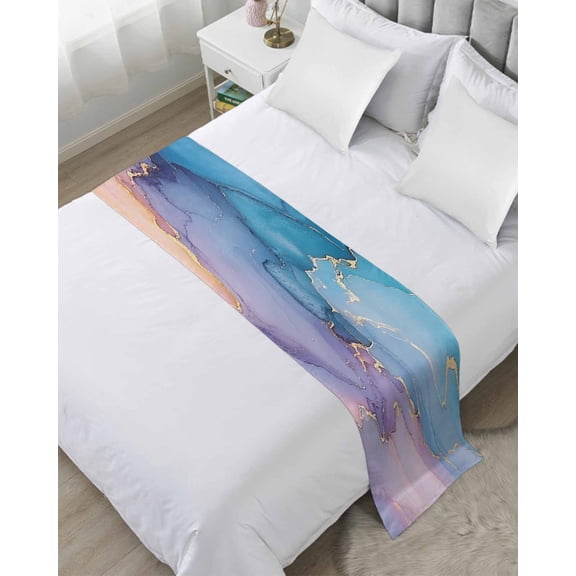 Xipuska Marble Purple Gold Bed Runners for Cal King Size Bed, Decorative Bed Throws for Foot of Bed, Modern Blue Pink Geometric Bed Runner Sofa Throw Bedding Scarf Protector Slipcover for Bedroom