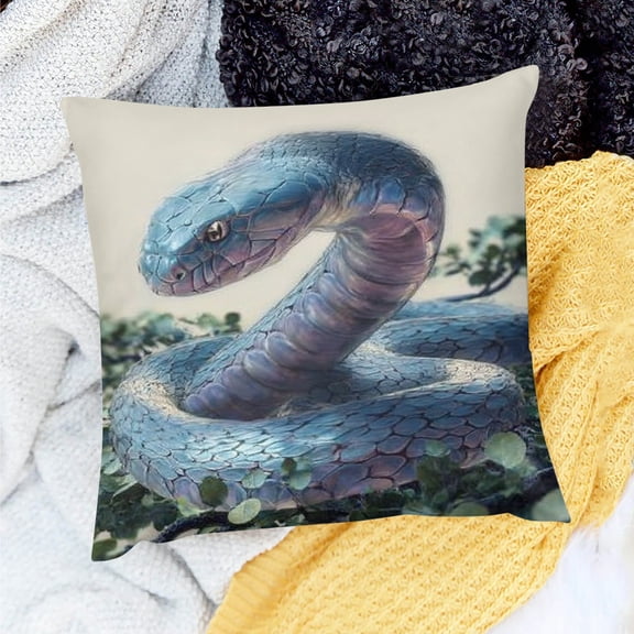 ZFLMY Snake Throw Pillow Cover Blue Snake Pillow Cover for Sofa, Reptile Decorative Pillow Cover Tropical Blue Scales Palm Leaf Wild Animal Wildlife Cushion Cover 18x18in