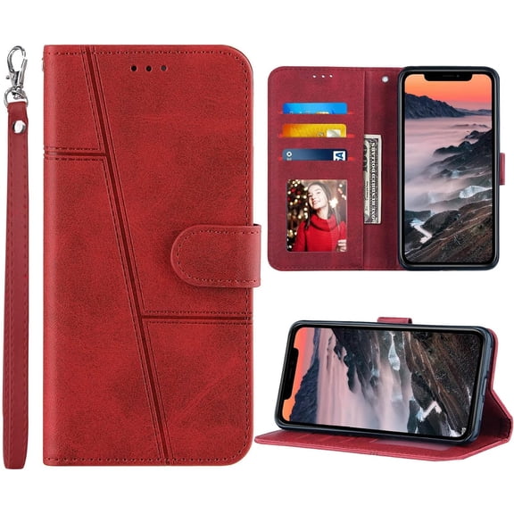 for iPhone 12 Wallet Case,for iPhone 12 Pro Wallet Case,[Wrist Strap][Card Holder/Cash Slots][Kickstand] Premium PU Leather Magnetic Flip Cover Protective for iPhone 12/12 Pro (Red)