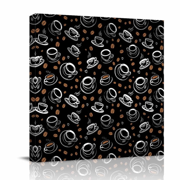 Coffee Canvas Wall Art for Living Room, Vintage White Lines Coffee Beans Cups Black Background Wall Decor Framed Artwork Pictures Ready to Hang for Bedroom Office Home Decor
