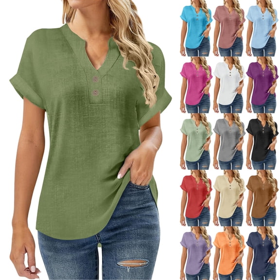 Xuniizn Linen Shirts for Women Short Sleeve Button Henley Neck Tunic Blouses Plus Size Soft Comfortable Beach Holiday Casual Tops, S-5XL