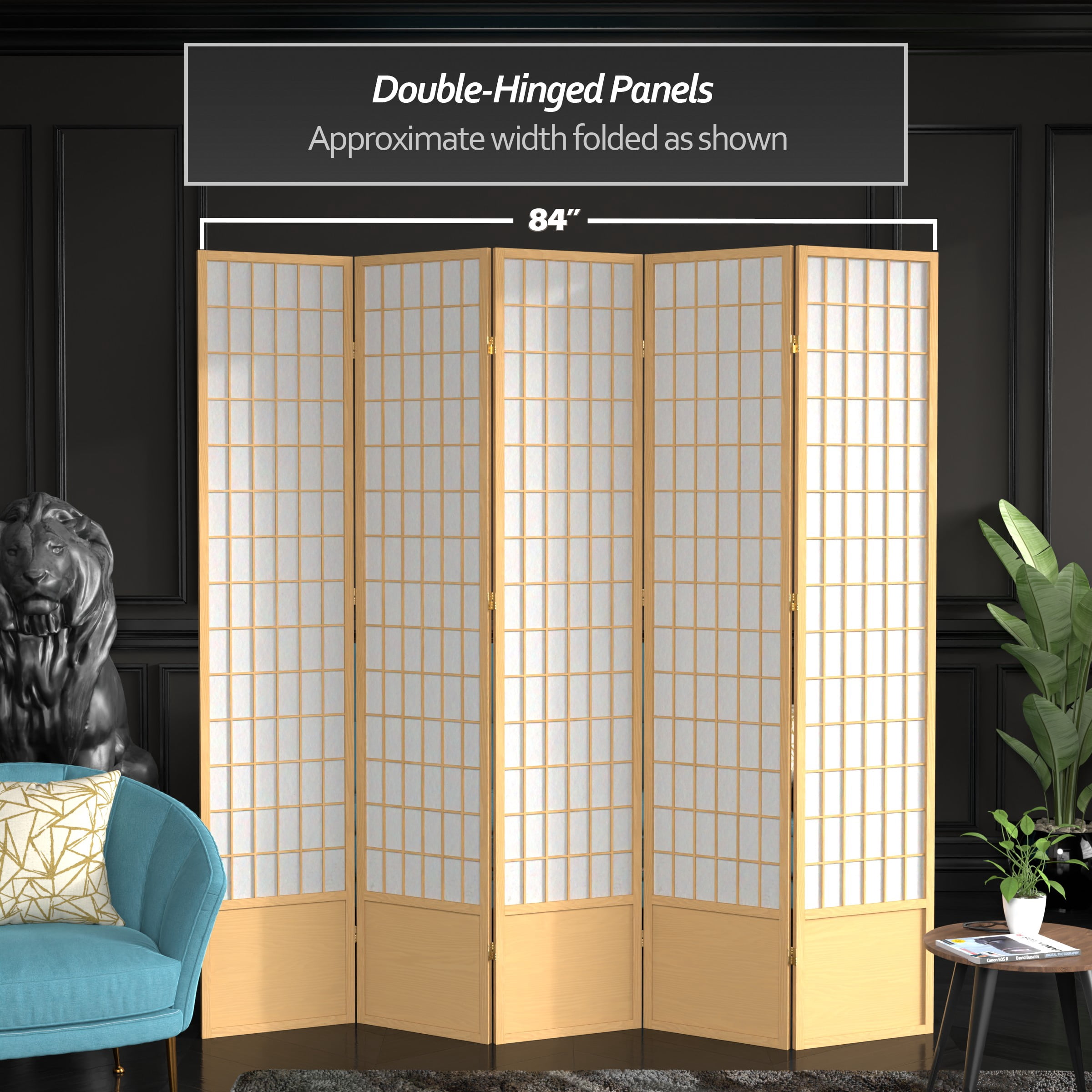 Red Lantern 7 ft. Tall Window Pane Shoji Screen - Natural - 5 Panels