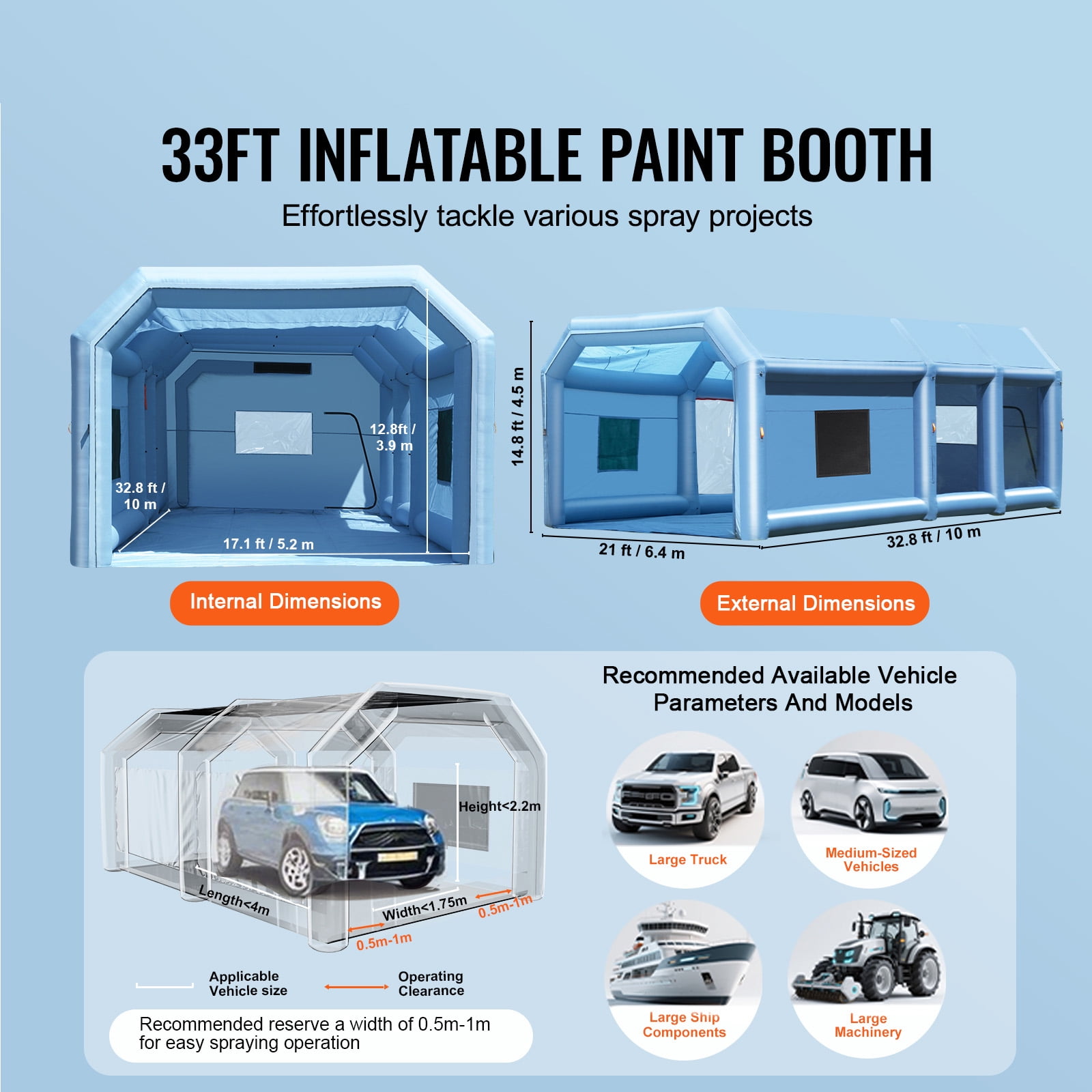 KFFKFF Inflatable Paint Booth, Dimensions 32.8 x 21 x 14.8 ft, Includes 1100W+750W Efficient Blowers, Air Filtration Unit, Ideal for Spraying Large Trucks, Vans, Machinery