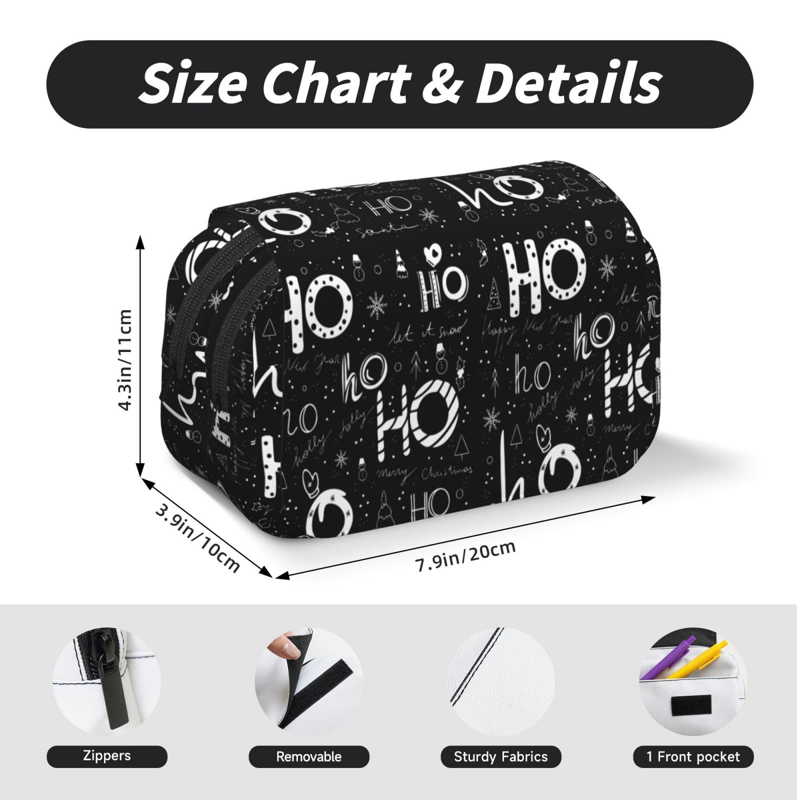 Rateoe Ho-Ho-Ho 2 Pattern Double Clamshell Pen Case, Storage Organizer with Two Zipper Compartments– Holds Up to 50 Pencils & Pens