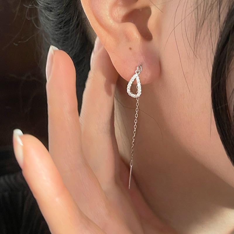 Sterling Silver Threader Earrings for Women Hypoallergenic S925 Dainty Long Chain Ear Line with Cubic Zirconia Elegant Dangle Tassel Earrings Heart Earrings Graduation Gifts
