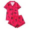 thumbnail image 2 of Women‘s Bow Print Loungewear Set | Satin Collared Top & Shorts Pajama Set | Short Sleeve Sleepwear for Home & Casual Outings(Red,S), 2 of 4