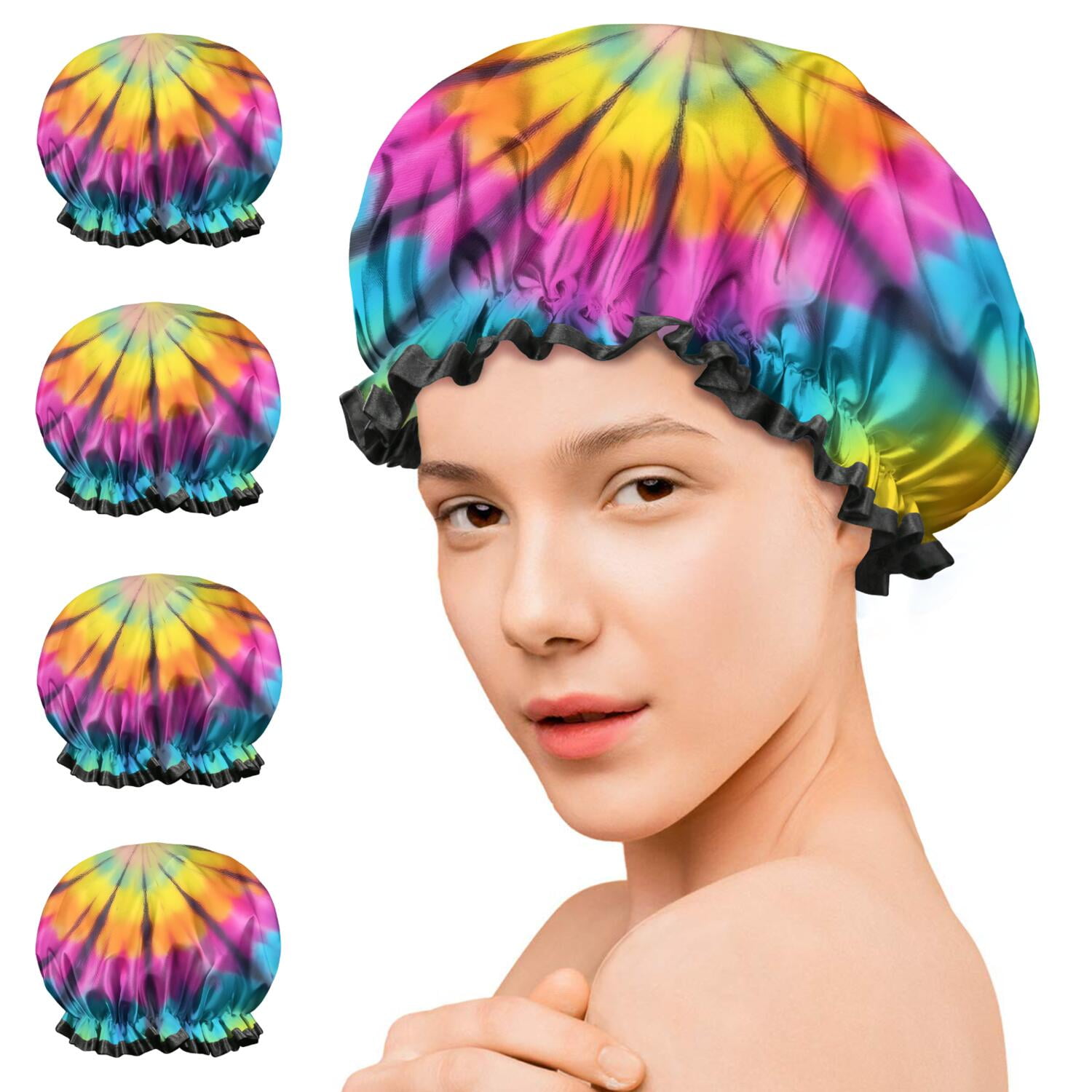 Shower Caps,Rainbow Tie Dye Mandala Pattern Waterproof Shower Cap for Women 4 Pieces,Double Reusable Hair Cover for Shower PEVA Elastic Stretch Hem