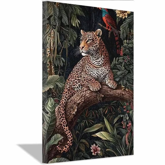 Jungle Leopard Resting Branch Vibrant Parrot Foliage Canvas Wall Poster,Tropical Illustrations suit Sleeping Quarter Flat Furnishings Ready to Hang-12"L x 8"W