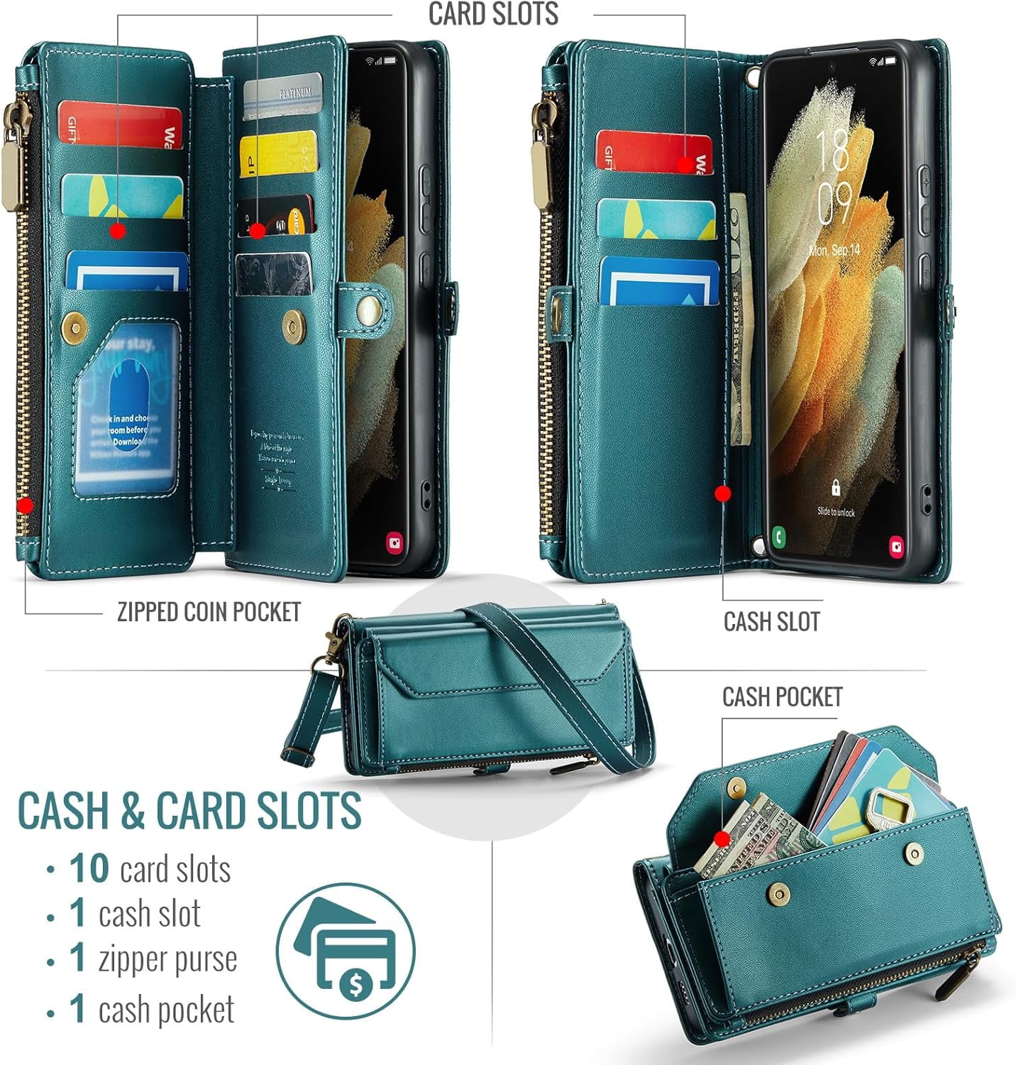 Phone Case for Samsung Galaxy S21 Ultra 5G Zipper Wallet Cover with Tempered Glass Screen Protector and Flip RFID Blocking Cash Card Holder Cell S21ultra 21S S 21 21ultra G5 Women Girls Green