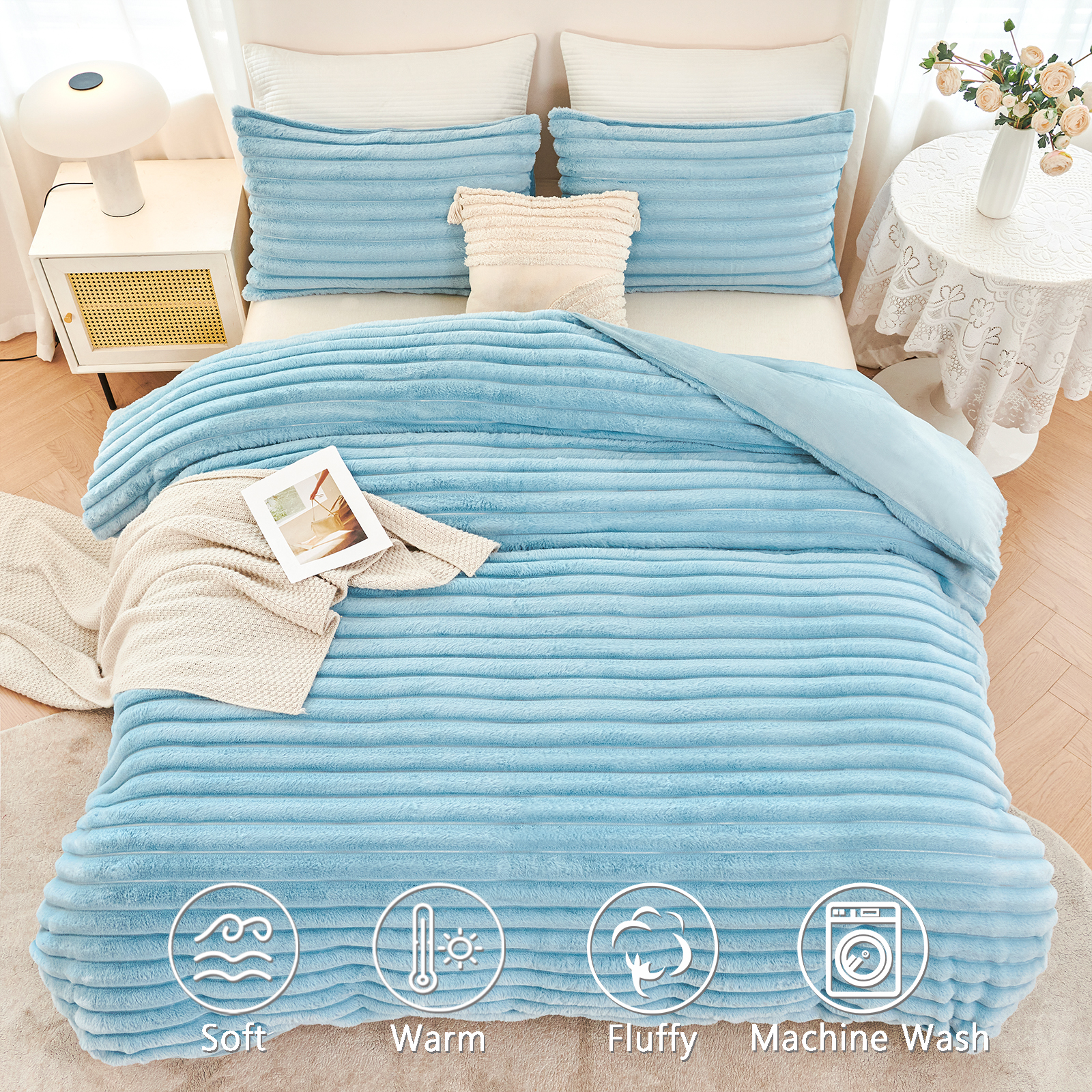 ZRNBAST Luxury Fluffy Fuzzy Queen Comforter Set 3 Pieces Light Blue Plush Fleece Comforter Bedding Set Heavy Faux Fur Comforter with 2 Pillowcases(Light Blue,Queen)