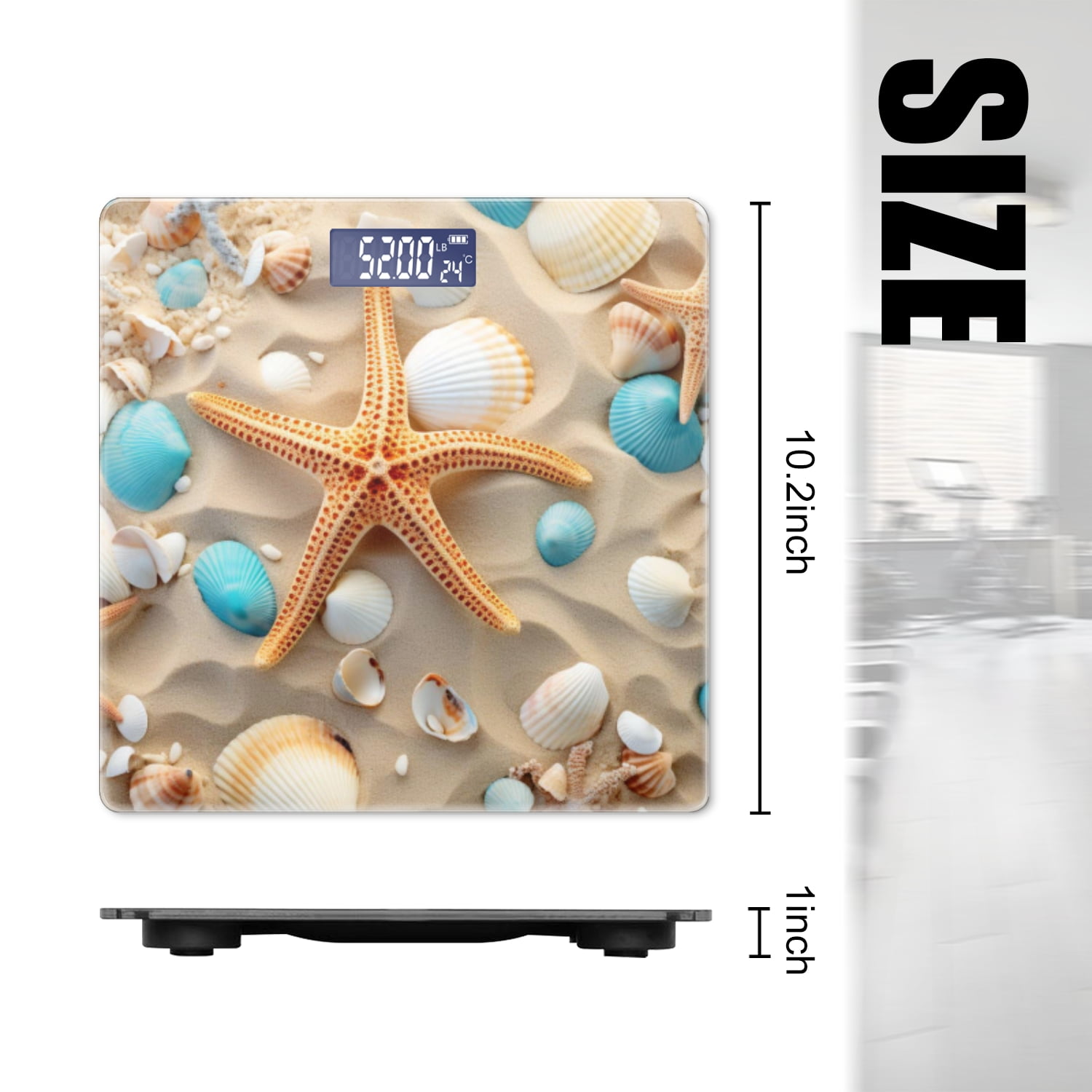 Bathroom Scale, Highly Accurate Digital Body Scale,Precisely Measures Weight up to 400 lbs-Seashells And Starfish On Sandy Background With Blue Shells