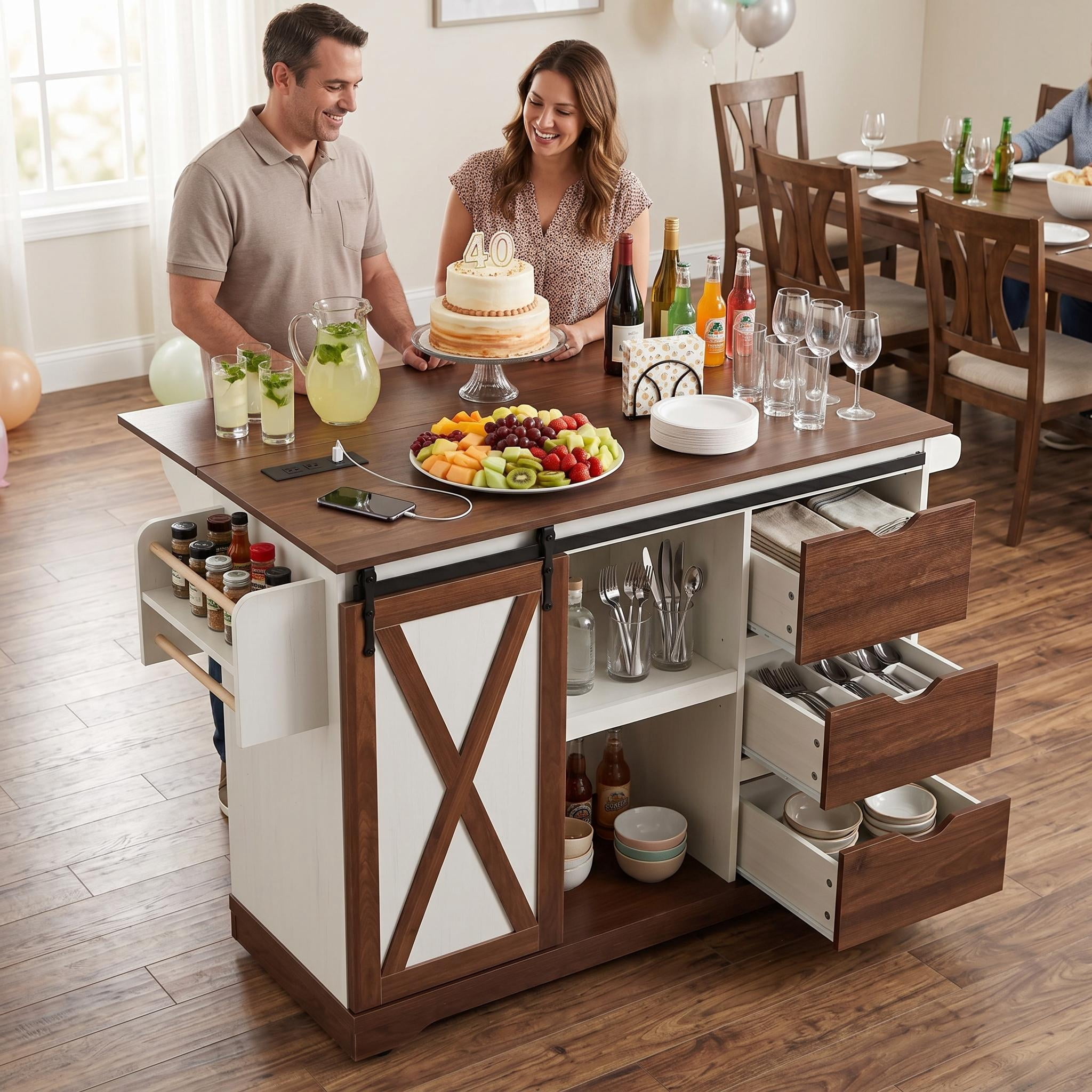 Homy Casa 55.5" Farmhouse Kitchen Island with Drop Leaf, Power Outlets, 3 Drawers, Shelves & Spice Rack