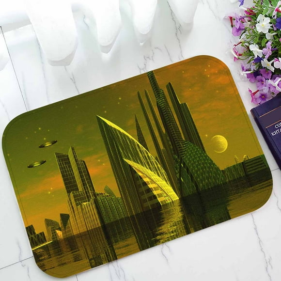 YUSDECOR Modern Alien City Computer Artwork Home Decor Floor Mat Area Rug Doormat Size 15.7x23.6 Inches