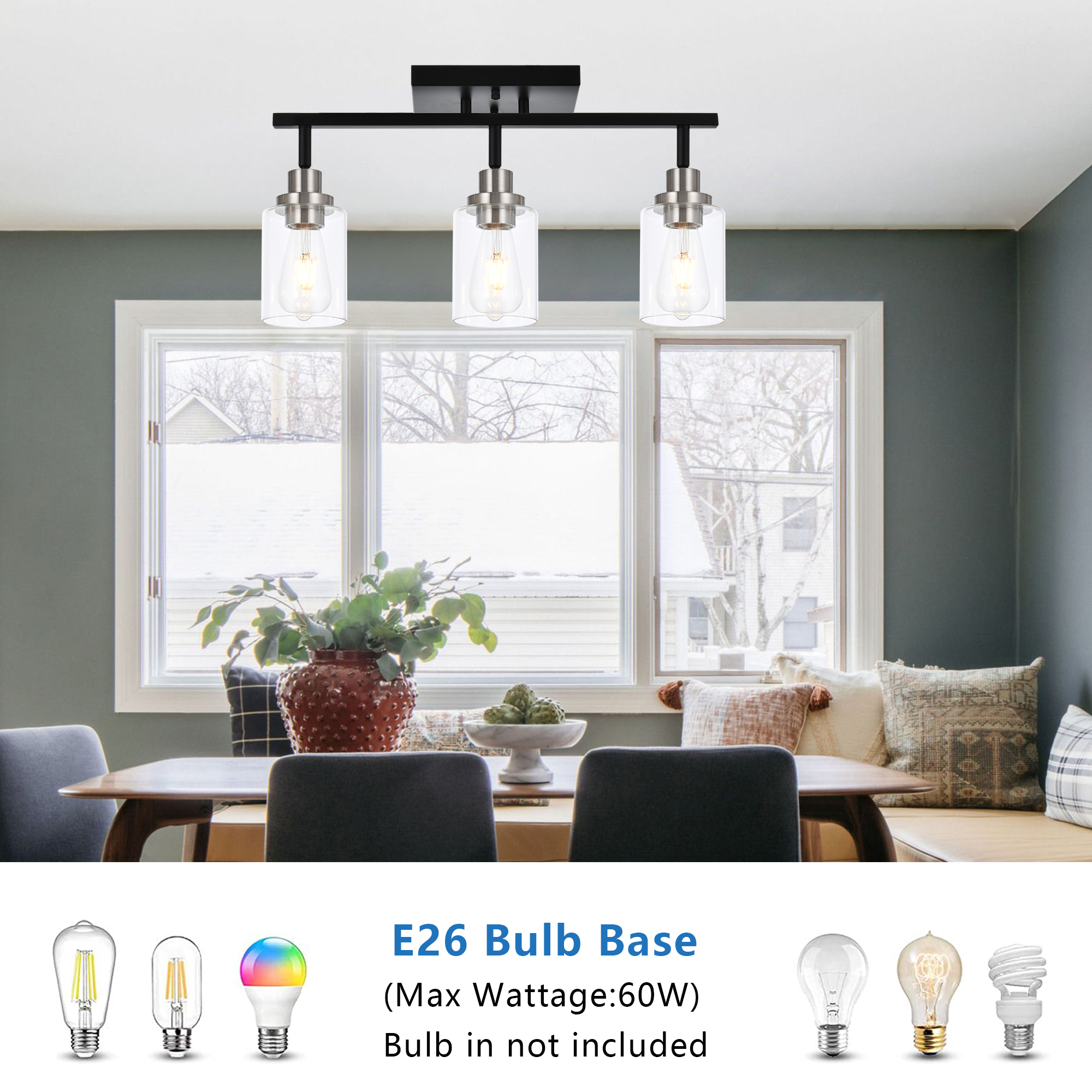 Melucee 3-Light Directional Ceiling Light Track Lighting Kit, Bathroom Vanity Light, Black and Brushed Nickel Kitchen Track Lighting Fixtures
