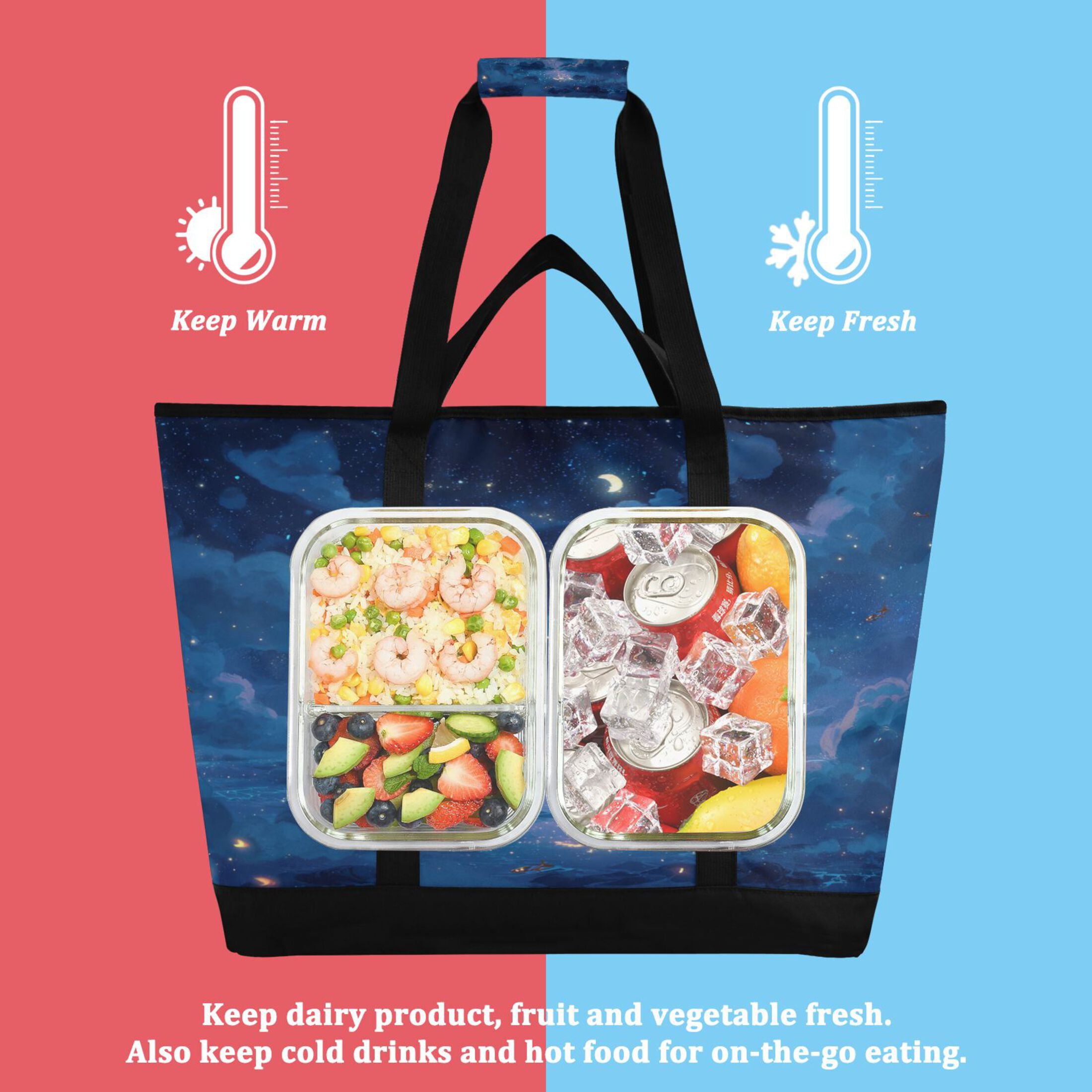Large Hand-held Ice Pack Picnic Bag Insulation and Refrigeration Suitable for Shopping Picnics and Camping Blue Night Sky