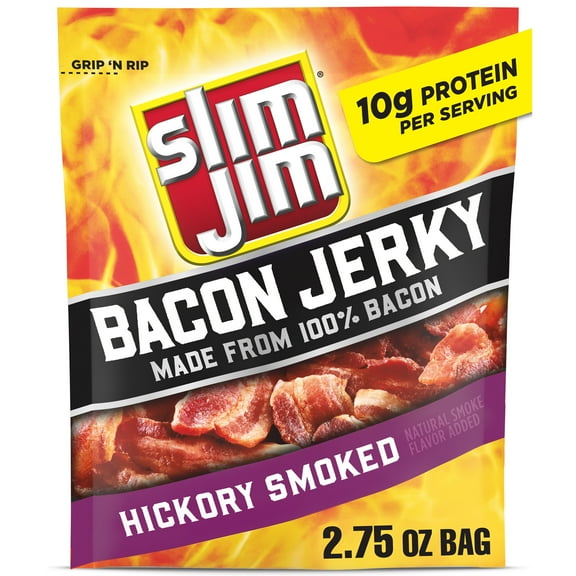 Slim Jim Smoked Bacon Jerky, Hickory Flavor, 10g Protein Per Serving, 2.75 oz.