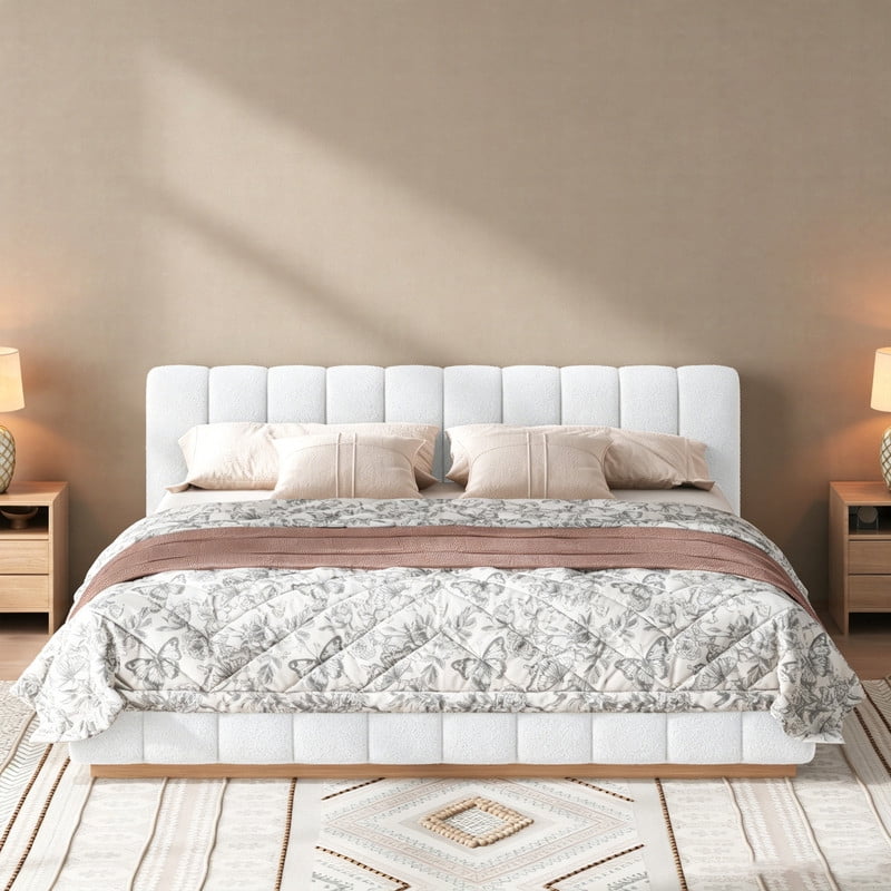 King Size Boucle Upholstered Bed Frame, Low Profile Wooden Platform Bed, No Box Spring Needed Floor Bed with Padded Headboard