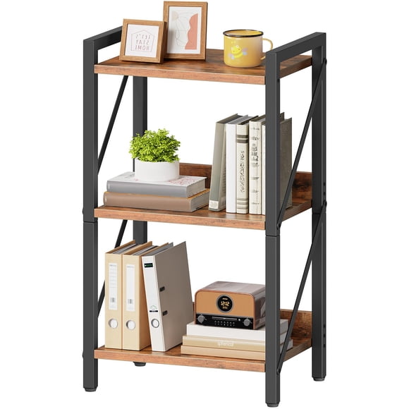 HOOBRO Bookshelf, 3-Tier Industrial Bookcase, Book Shelf Storage Organizer, Small Bookshelf with Metal Frame for Living Room, Bed