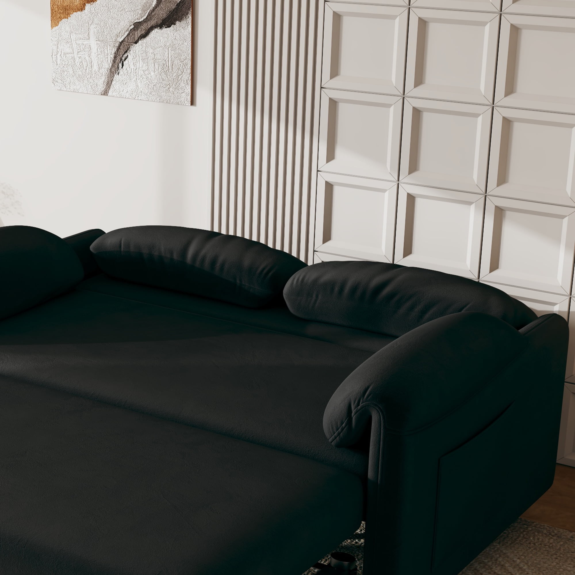 51" Velvet Sleeper Loveseat Couch, Pull-Out Couch Bed with Storage Bags, Convertible Loveseat Sofa Bed for Living Room, Black
