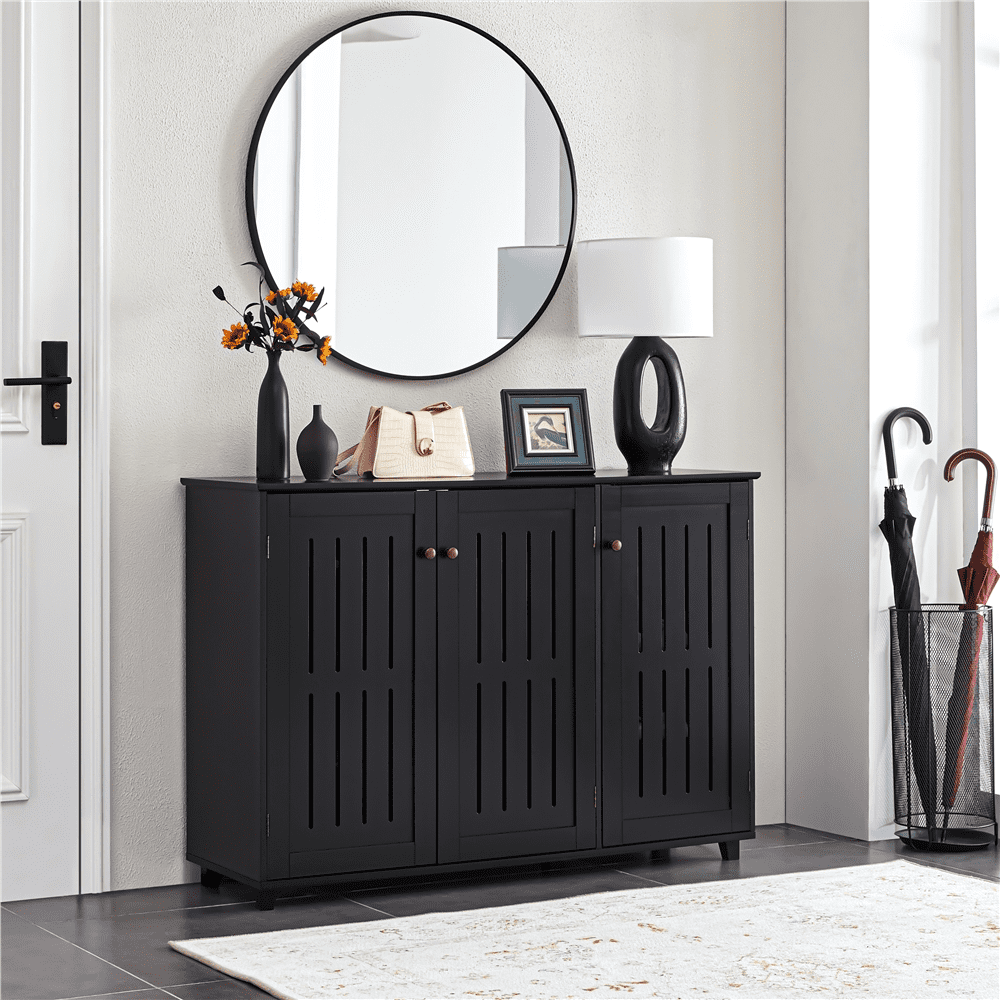 Alden Design 4 Tier Wooden Shoe Storage with Louvered Door, Black