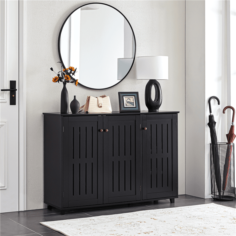Alden Design 4 Tier Wooden Shoe Storage with Louvered Door, Black