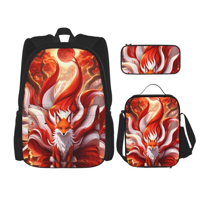 Balery Red Sun Flame Fox Mochila Escolar 3 en 1 para Niños - Mochila Resistente con Lonchera Térmica y Estuche - Mochila Escolar para Niños y Niñas