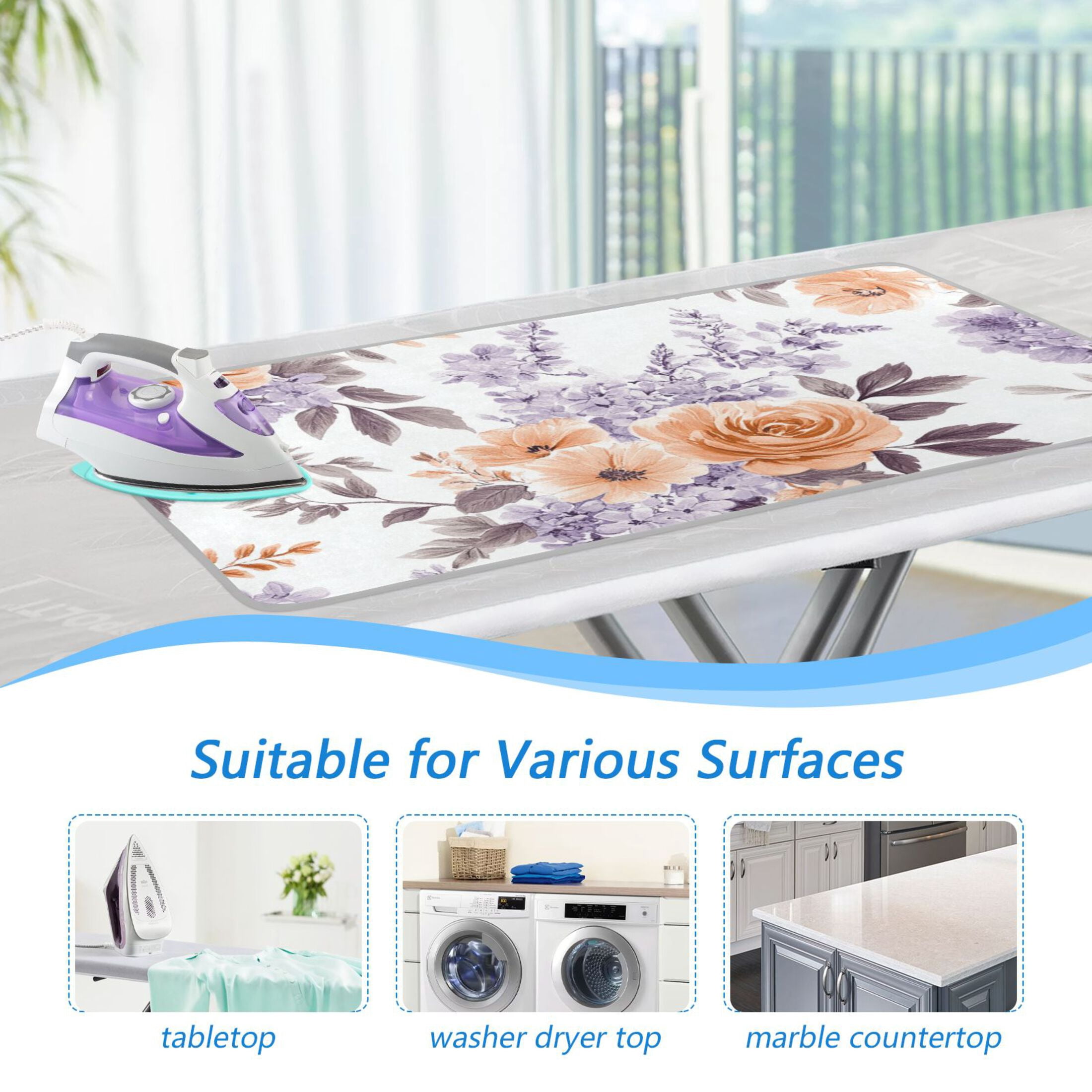 Orange Roses Lilac Leaves Pastel Colored Ironing Mat Blanket Portable Travel Ironing Pad Heat Resistant Pad 47.2" x 27.6”