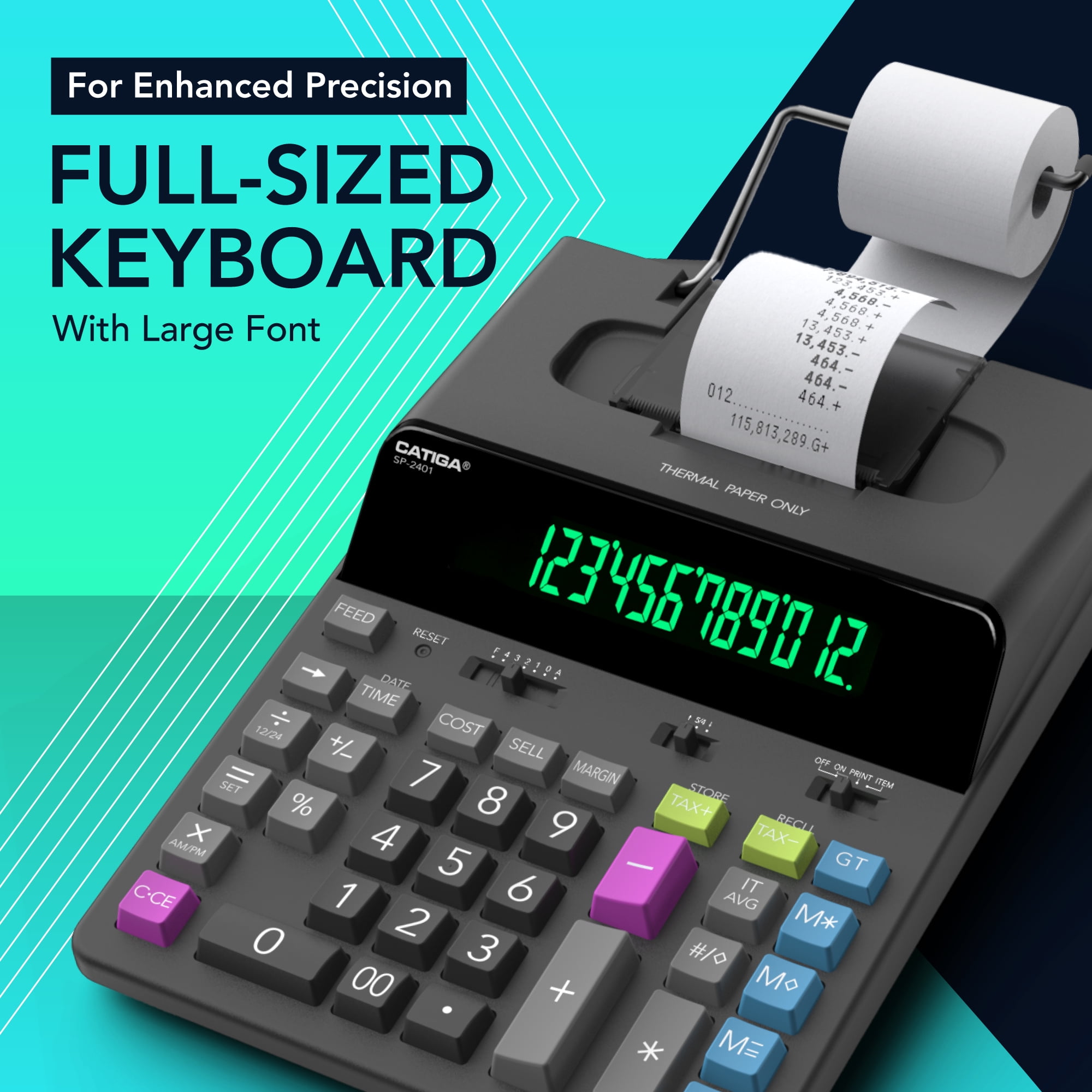 CATIGA 12 Digit Thermal Printing Calculator with Tape Print Out, Ink-Free Adding Machine, 3X Faster Quite at 8.0 LPS, Extra Large Fluorescent Display, Tax Calculation with Clock and Calendar, SP-2401
