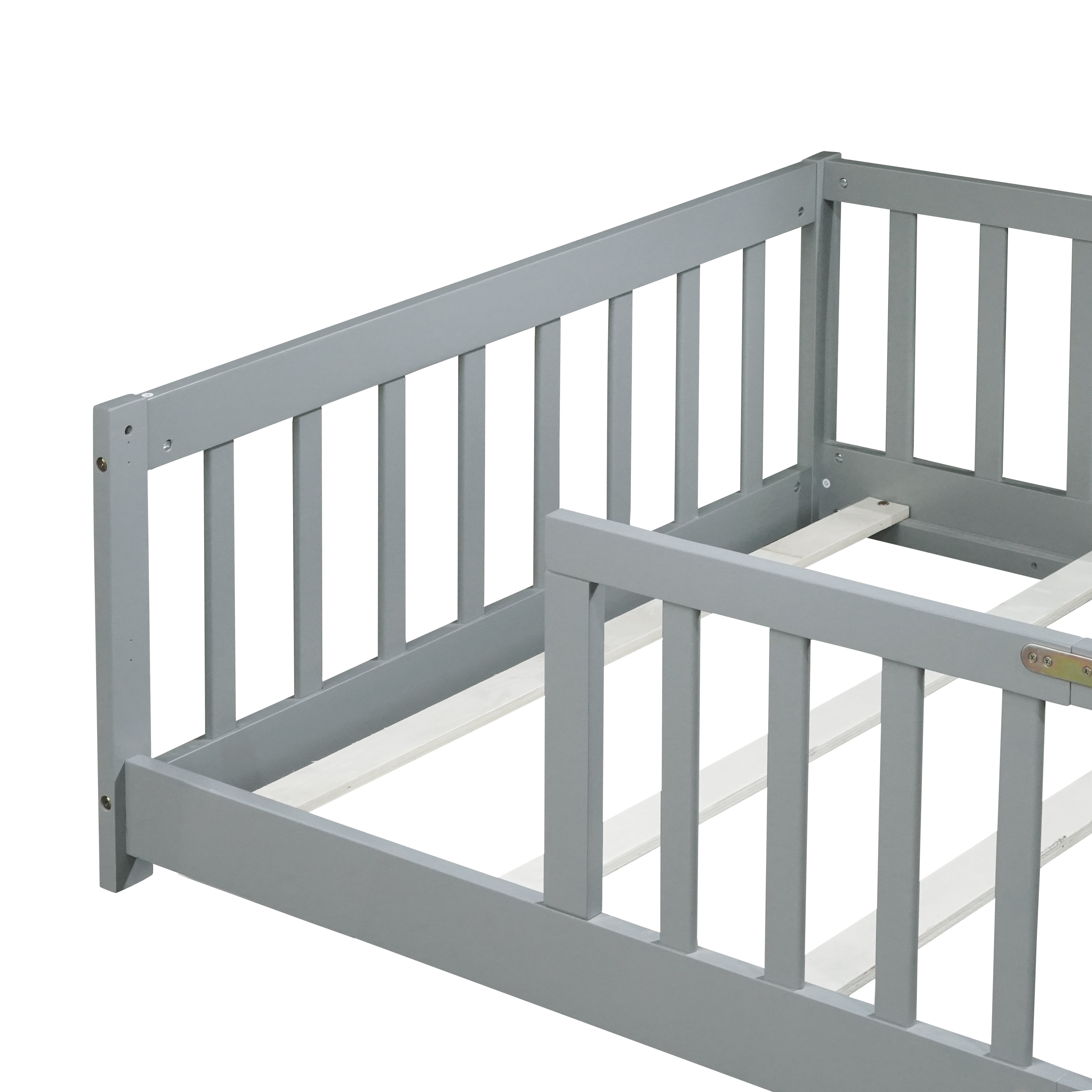 Bellemave Twin Size Floor Beds, Wood Montessori Bed with Fence Railings & Support Slats, No Box Spring Needed (Gray）