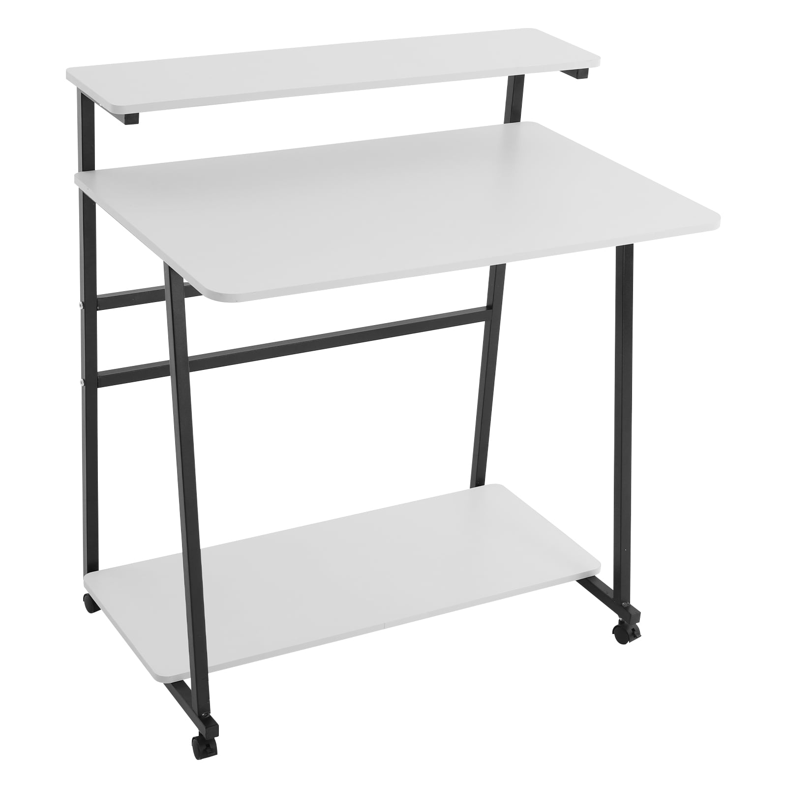 Free Standing Home Office Desk, Rolling 3-Tier Computer Desk (Black+ White)
