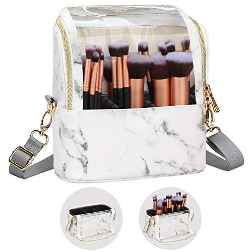 Makeup Brush Case Stand Up Cup Holder Travel Professional Cosmetic Bag Artist Storage With Shoulder Strap And Adjustable Divider Marble Com - Professional Makeup Brush Holder