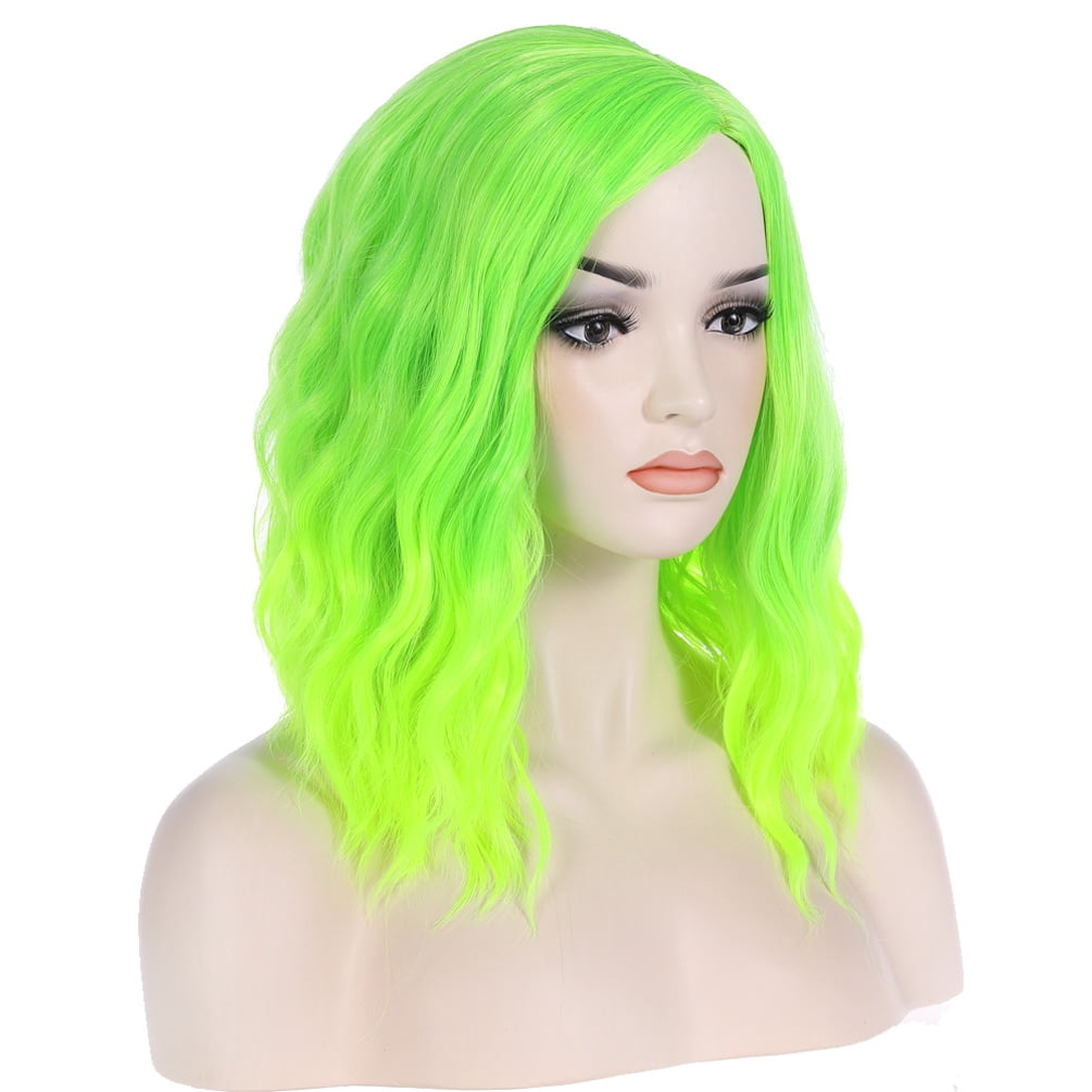 RightOn 14" Green Wig Short Curly Bob Wig Bright Green Wigs Ombre Green Wig Women Girls Beach Wave Wigs with Wefted Wig Cap