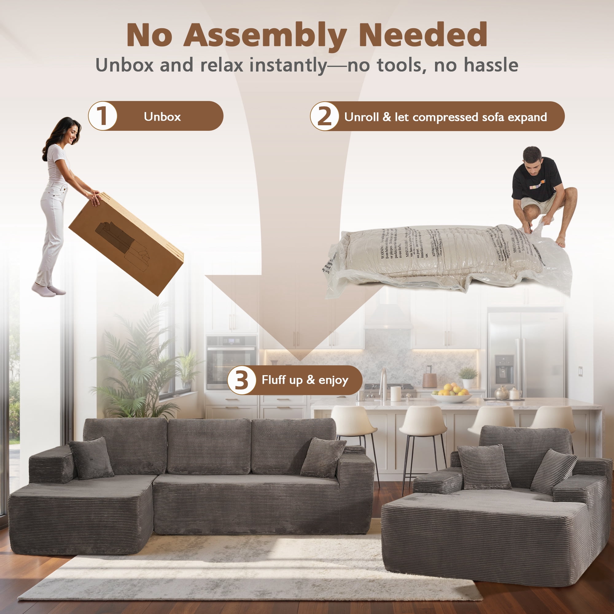 Ovios 106" Modular Cloud Couch Oversized Deep Seat Corduroy Sectional Sofa with Lounge Chair for Living Room, No Assembly, Gray