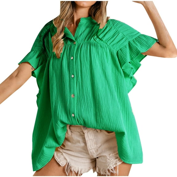Raeneomay Button Down Shirts for Women Short Sleeve Plus Size Shirt Casual Solid Color Single-Breasted Tops on Clearance
