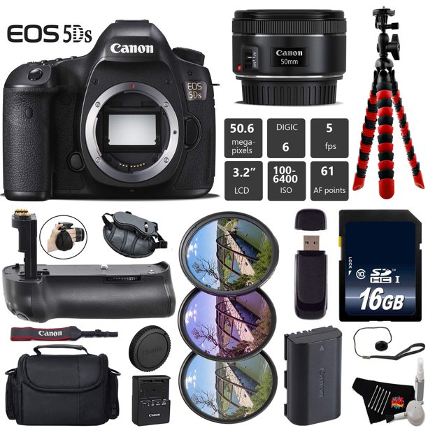 Cámara DSLR Canon EOS 5DS con lente de 50 mm f/1.8 STM + Empuñadura de batería profesional + Kit de filtro UV FLD CPL + Estuche + Correa de muñeca + Trípode + Lector de tarjetas - Modelo internacional Canon 0581C002 Advanced Kit 16GB