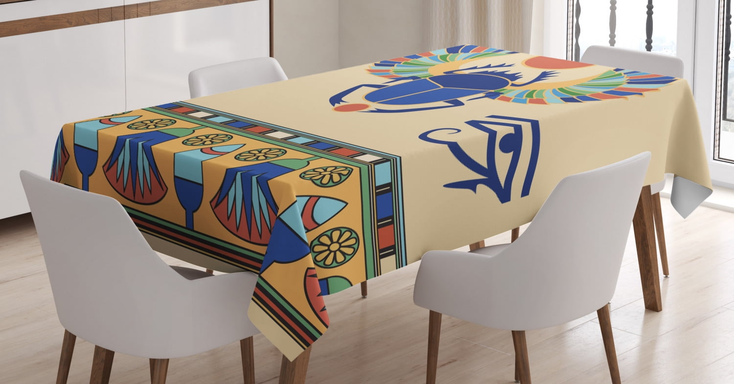 Egyptian Tablecloth, Ancient Antique Historical Culture Icon of Scarab Eye of Ra Horus with