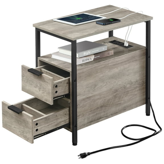 Side Table with Charging Station, Narrow End Table with 2 Drawers, Slim Nightstand and Bedside Table with Storage Greige and Black
