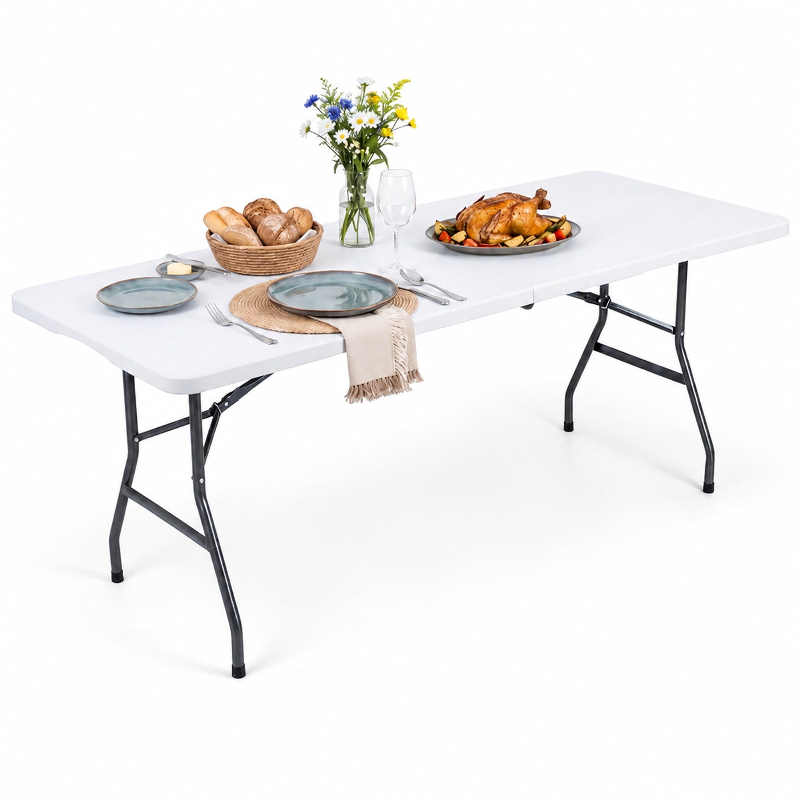 Biotree 6 FT Folding Table Plastic Fold-in-Half, Portable HDPE Camping Utility Table with Handle and 220 lbs Capacity for Party Picnic, White