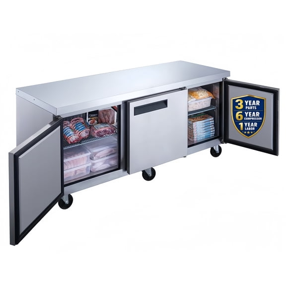 Cooler Depot 72 inch 19 cu.ft, 36" heigh Commercial Undercounter  Freezer, 3 Solid Doors, Stainless steel exterior, NSF certified.