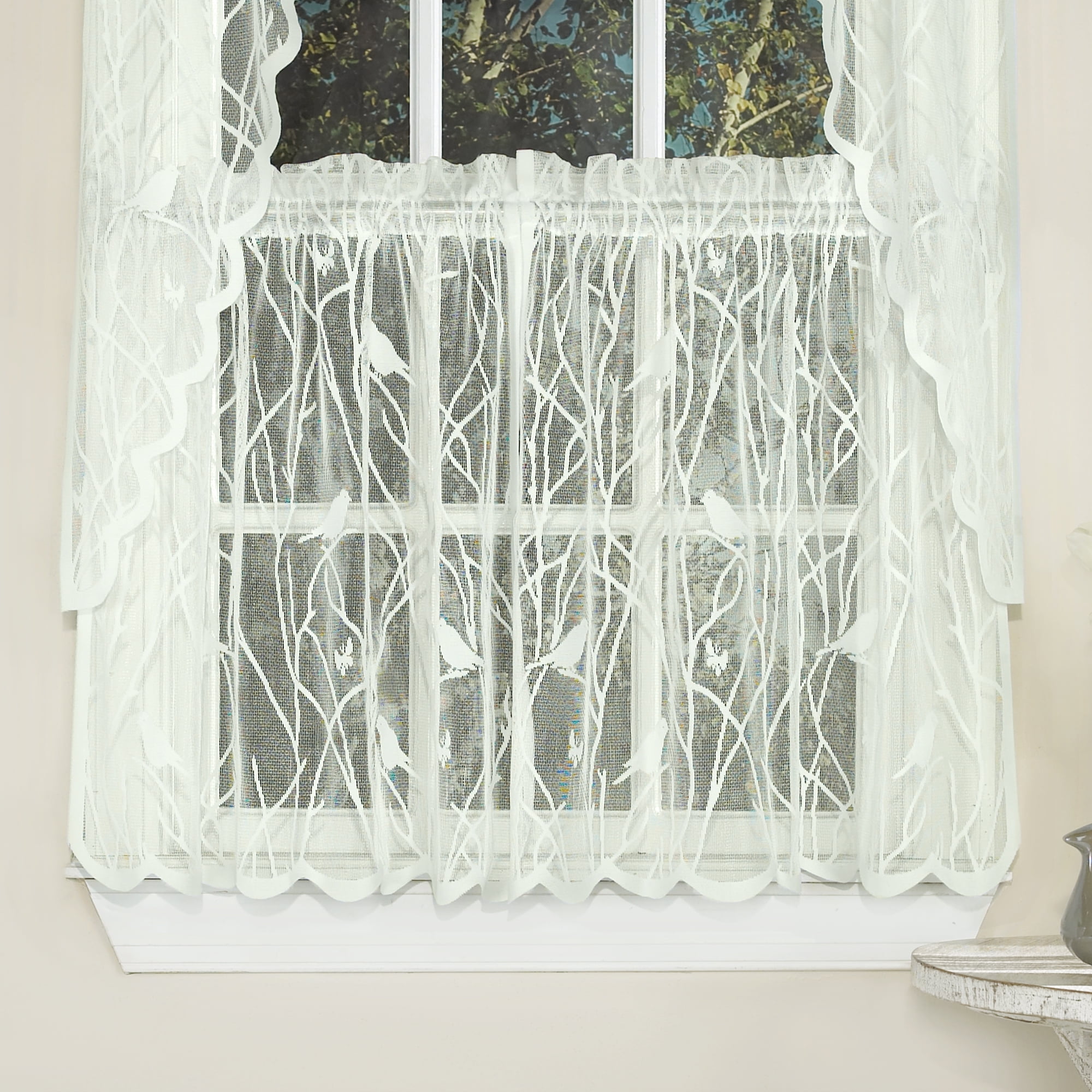 Knit Lace Song Bird Kitchen Window Curtain 24", 36" Tier Pair, 36" Swag