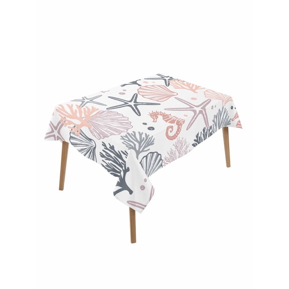 Coastal Ocean Table Cloth, Green Pink Coral Starfish Seahorse Shell Waterproof Tablecloth for Rectangle Tables, Reusable Washable Fabric Table Cover for Restaurant Kitchen Dining Tables 52"x70"