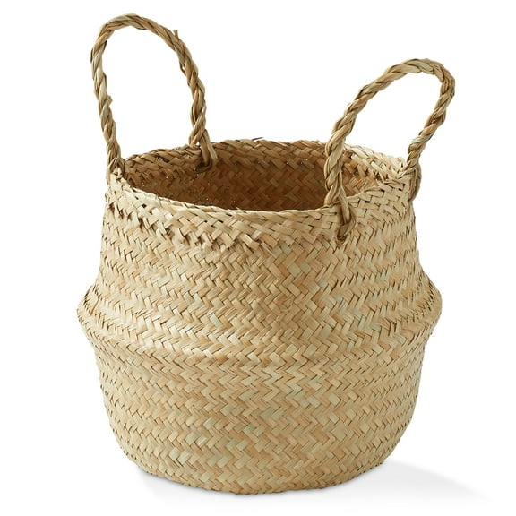 Casafield Seagrass Belly Basket with Handles - Small, Natural Woven Storage Bin Planter for Home Decor, Indoor Plant Pot Cover
