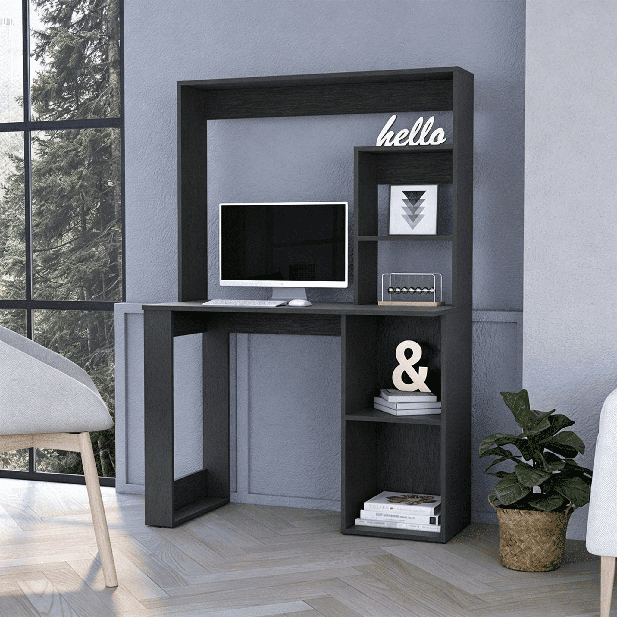 Asteroutdoor Computer Desk with Hutch and Storage Shelves, Wenge