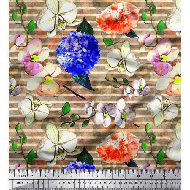 Soimoi Tissu Poly Georgette Rayé & Imprimé Floral Orchidée au Mètre 52 Pouces de Large