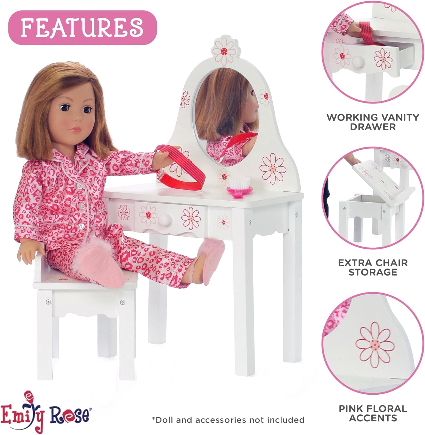 Emily Rose 18-inch Doll Bedroom Vanity with Chair - Floral Collection Compatible with American Girl Dolls