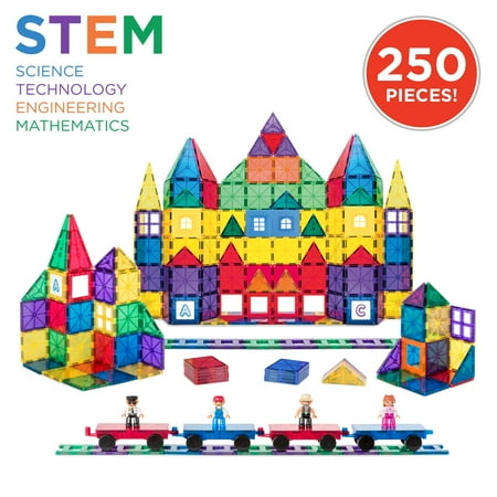 Magna Tiles (Best Choice Products 250-Piece Kids Educational STEM Rainbow Geometric 3D Magnetic Building Block Tile Toy Play Set w/ Railroad Tracks, 4 Action Figures, 4 Mini Train Carts, ABC)