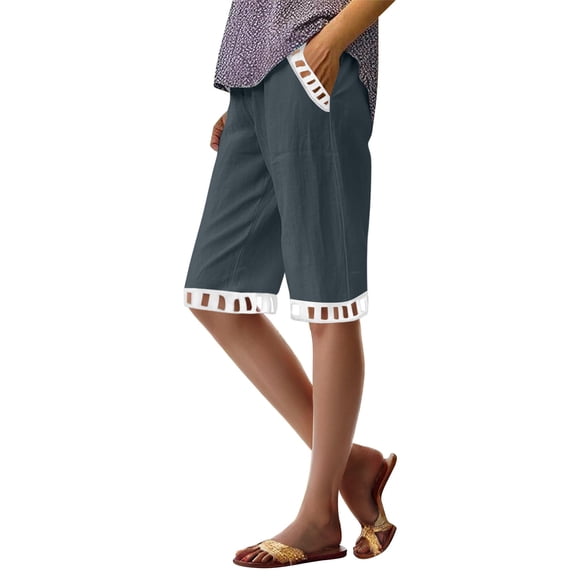 QATAINLAV Shorts d'Été Confortables en Lin pour Femmes, Décontractés, Unis, Bermudas de Plage avec Poche, Taille Élastique pour Dames, Longueur Genou, Shorts Courts Gris TTTG Offres du Jour en Liquidation