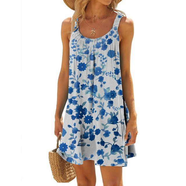 Vestidos Casuales Para Mujer 派对 Vestido Informal de Playa Con Tirantes Al Hombro y Plisado Sin Mangas Con Estampado de Flores A La Moda de Verano Para Mujer