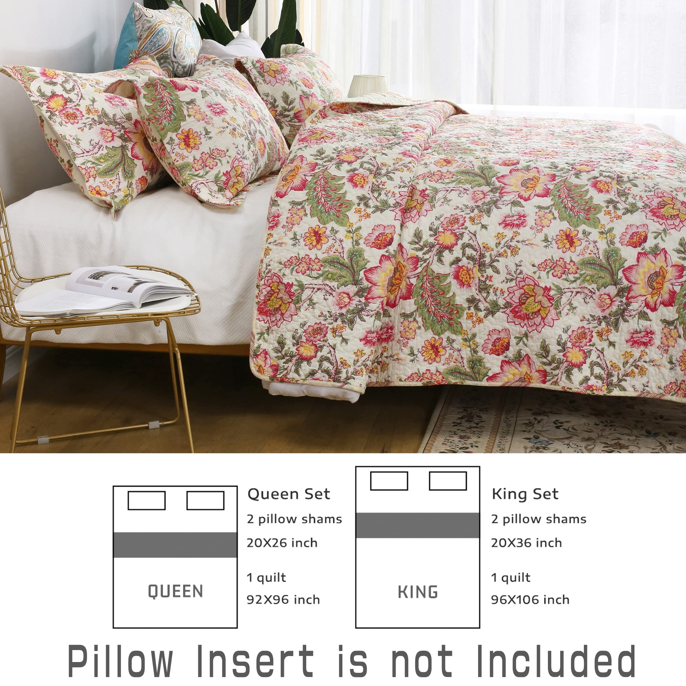3 Piece Floral Quilt Sets King Size, Soft Lightweight Microfiber Bedspreads Reversible Coverlet