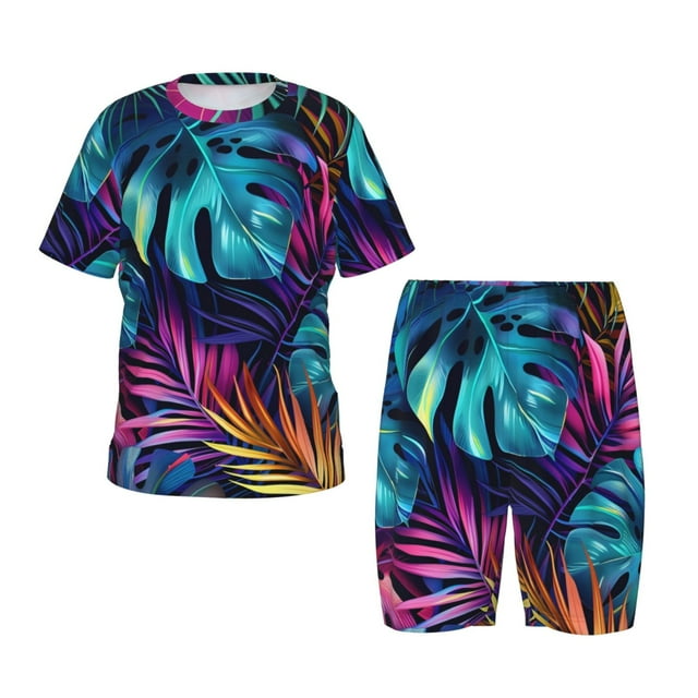 Balery Colorful Tropical Leaves Conjunto de Pijama Infantil de Manga Corta con Estampado – Ropa de Dormir de Algodón Suave-Small